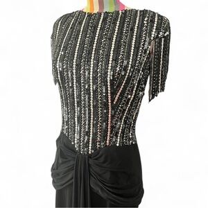 Vintage Victoria Royal Ltd Beaded Fringe Sequin Stripe Maxi Formal Gown